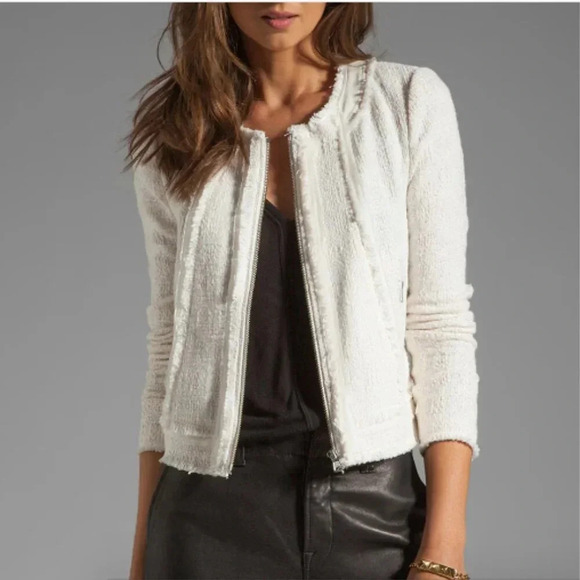 Rebecca Taylor *Navy Blue* Frayed Fringe Tweed Blazer Jacket Leather Accents 4 - Picture 3 of 15